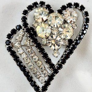 Vintage Clear & Black Rhinestone Double Heart Brooch/Pendant